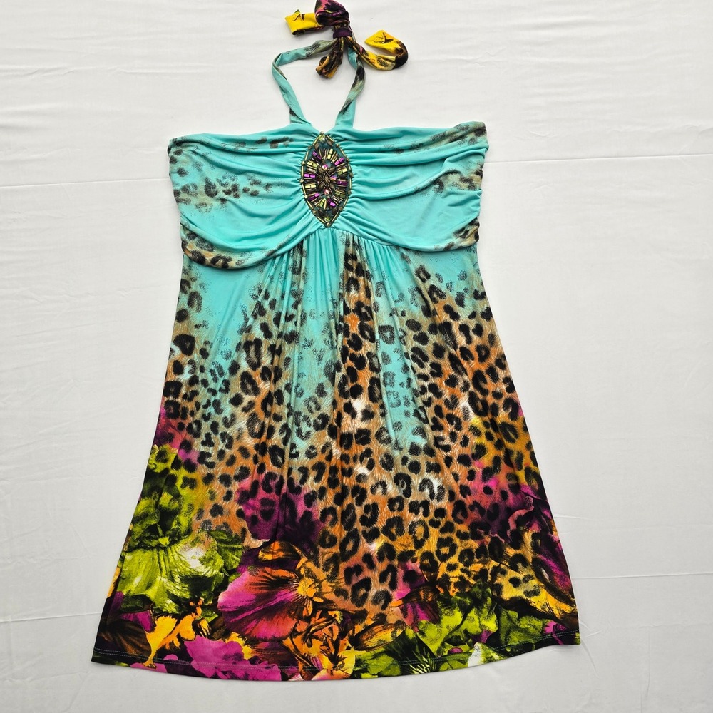 Y2K Inspo Women's L Halter Dress Leopard Floral Jeweled Ruched USA Bratz